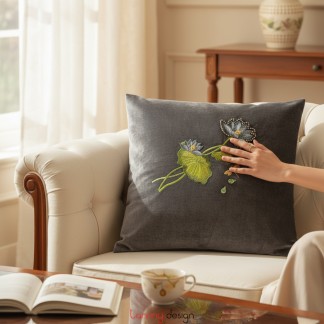 Gray velvet cushion cover with green flower decorations 45x45 cm